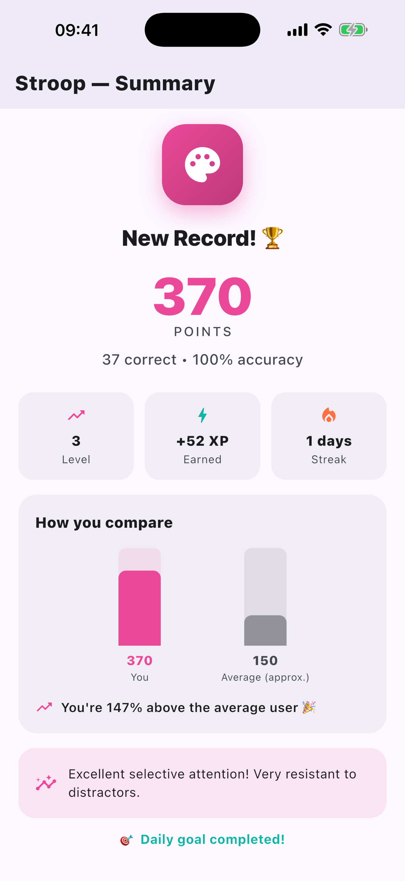 Stroop exercise summary showing a new record and daily streak