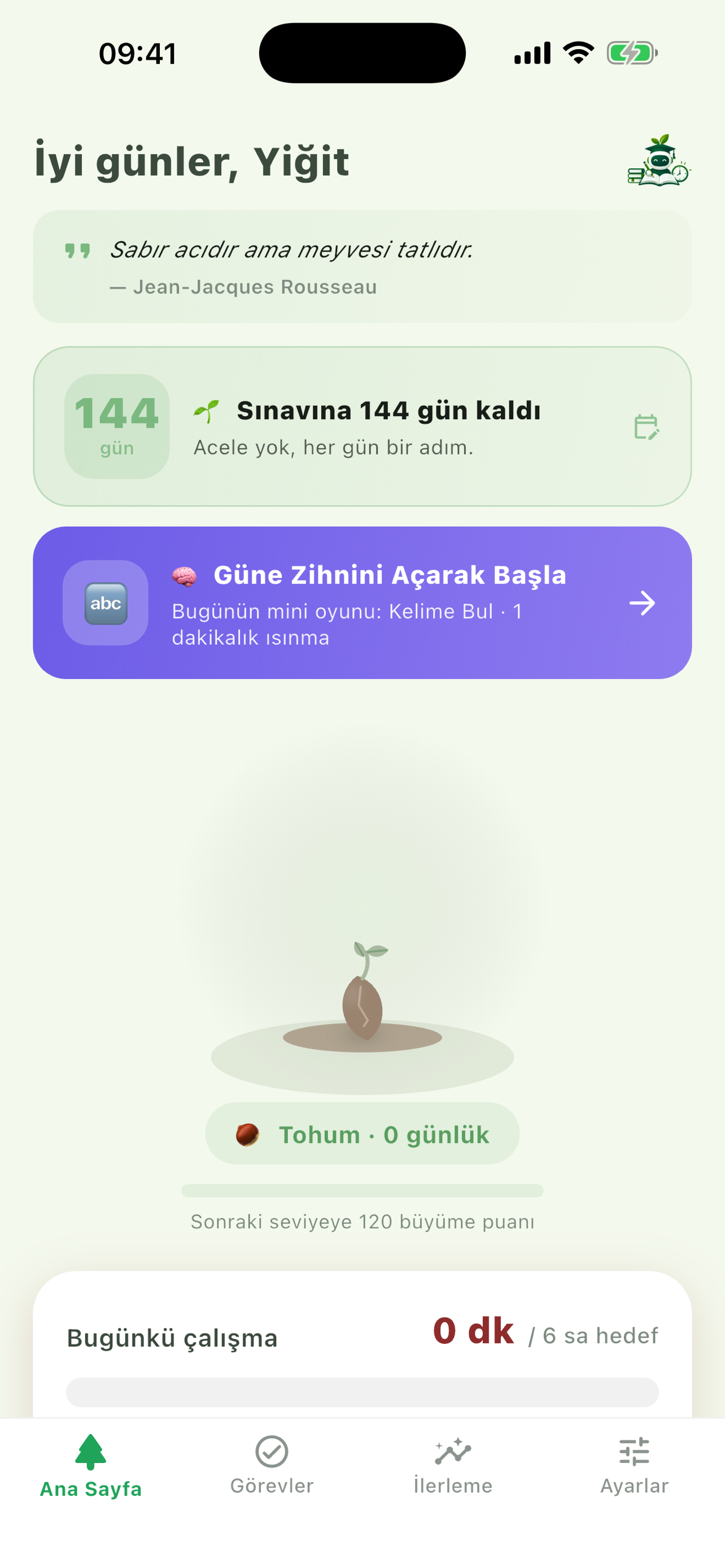 Home screen with exam countdown and a seed at the start of the tree