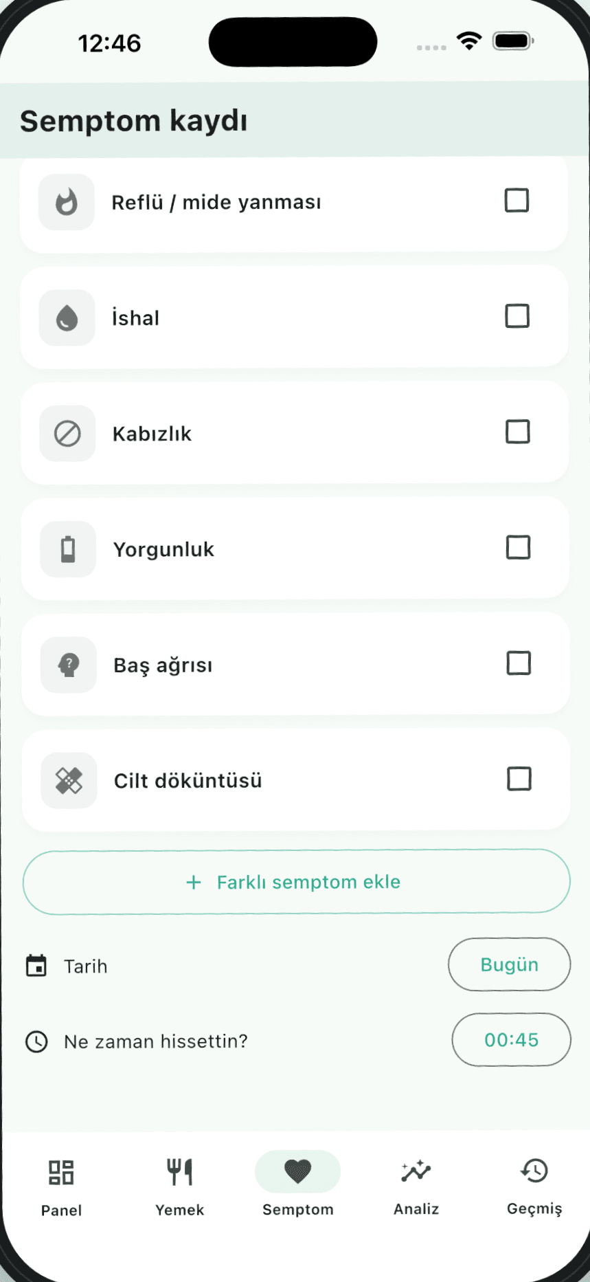 Symptom log: mark what you feel in one tap